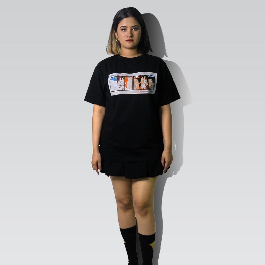 One Piece Relaxed Fit T-Shirt Ace Luffy Sabo Black - Image 3